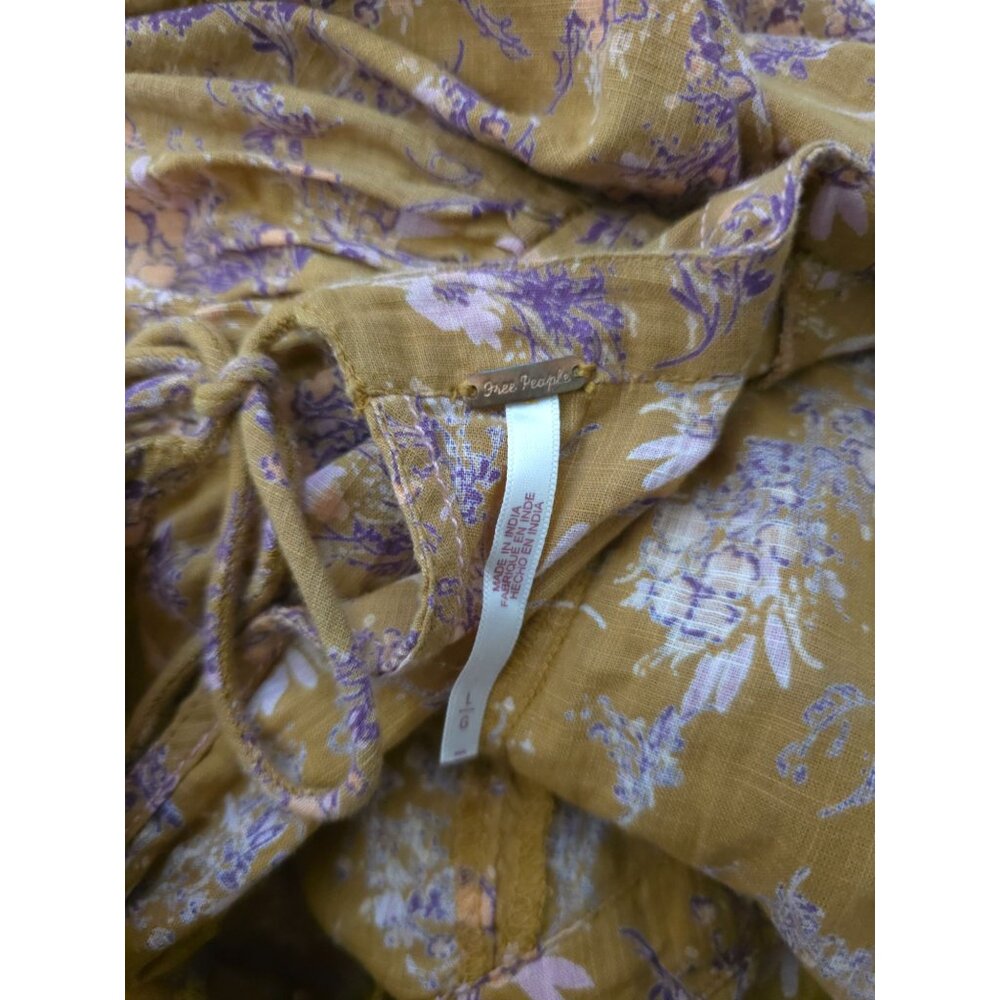 Free People MONICA Golden Floral Puff Sleeve Tie-Back Blouse Women's Sz L - Picture 7 of 10